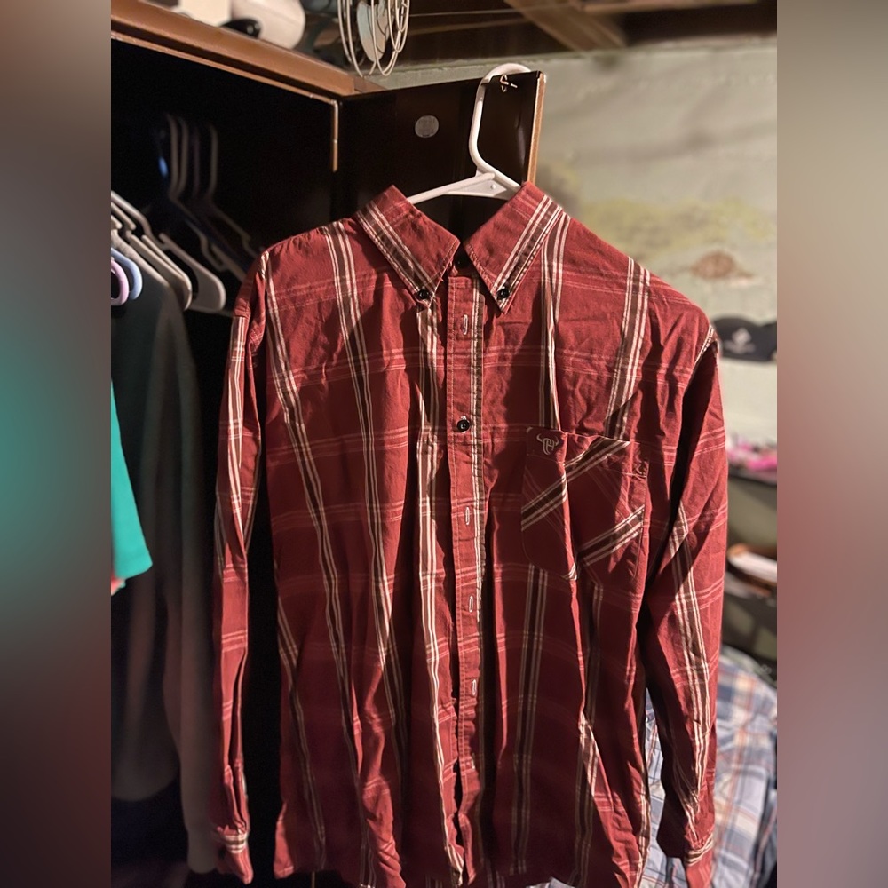 Red button down shirt.